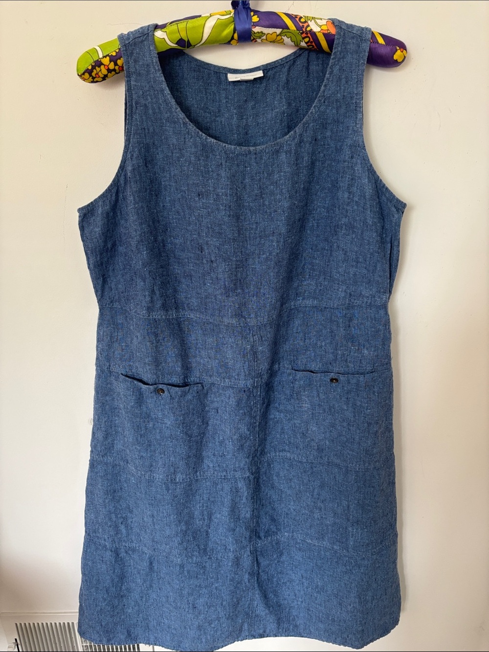 Jjill linen sun dress, pockets, chambray blue, size M